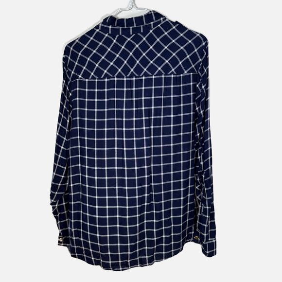 Michael Michael Kors Plaid Blouse Women’s L Navy White Gold Button Top Work - Picture 3 of 14